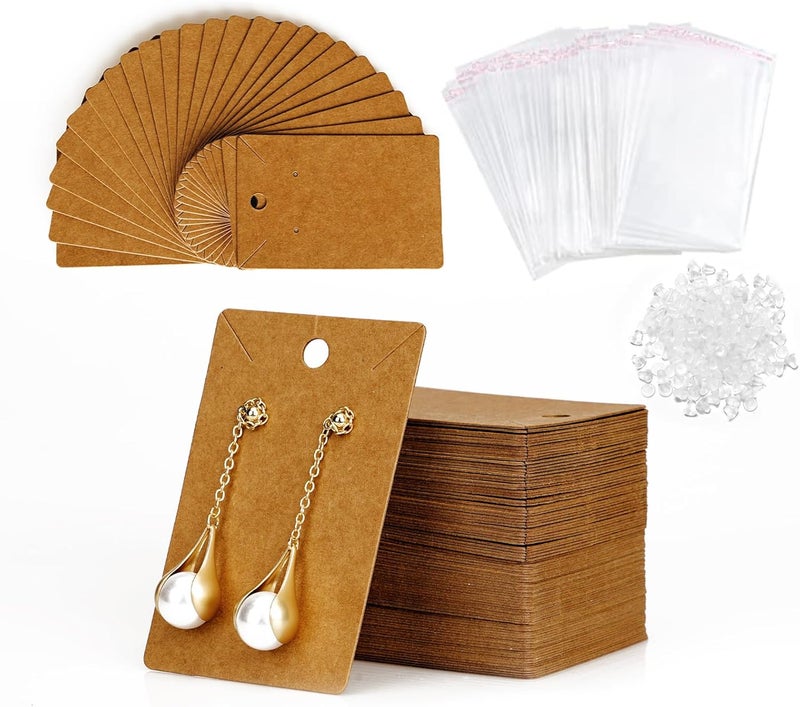 fuceury Earring Display Cards - 100 Pcs Earring Holder Cards with 200 Pcs Backs and 100 Jewelry Packaging for Necklace Jewelry Bags Kraft Color 3.5x2.4 Inches - Image 1